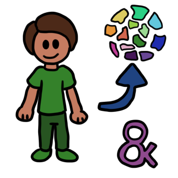 a very simplified light-brown skinned person with dark hair and a green outfit smiles at the camera. a blue arrow next to them points to a bunch of multicolored pieces of a circle. there's a purple ampersand on the bottom right of the symbol.